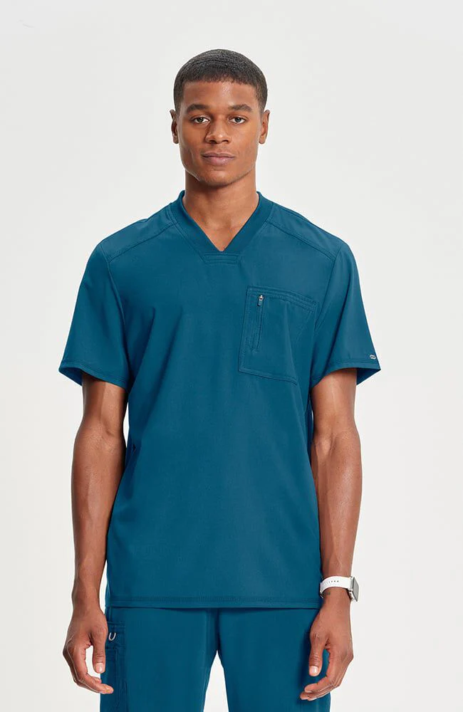 Men's V-Neck Knit Panel Solid Scrub Top