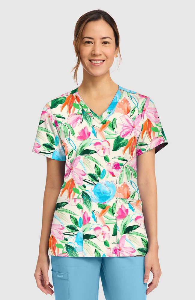 Women's Painterly Floral Print Scrub Top
