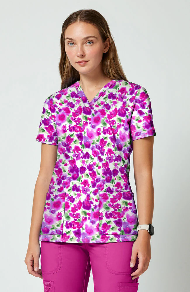 Women's 2-Pocket V-Neck Dissolving Blooms Print Scrub Top
