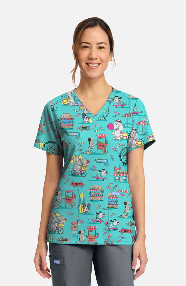 Women's Vintage Boardwalk Print Scrub Top
