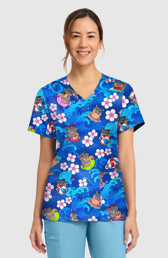 Women's Hippo-Water-Mus Print Scrub Top