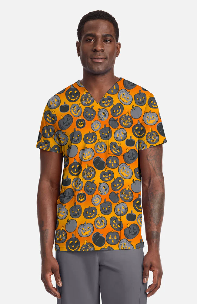 Unisex Happy Pumpkins Print Scrub Top