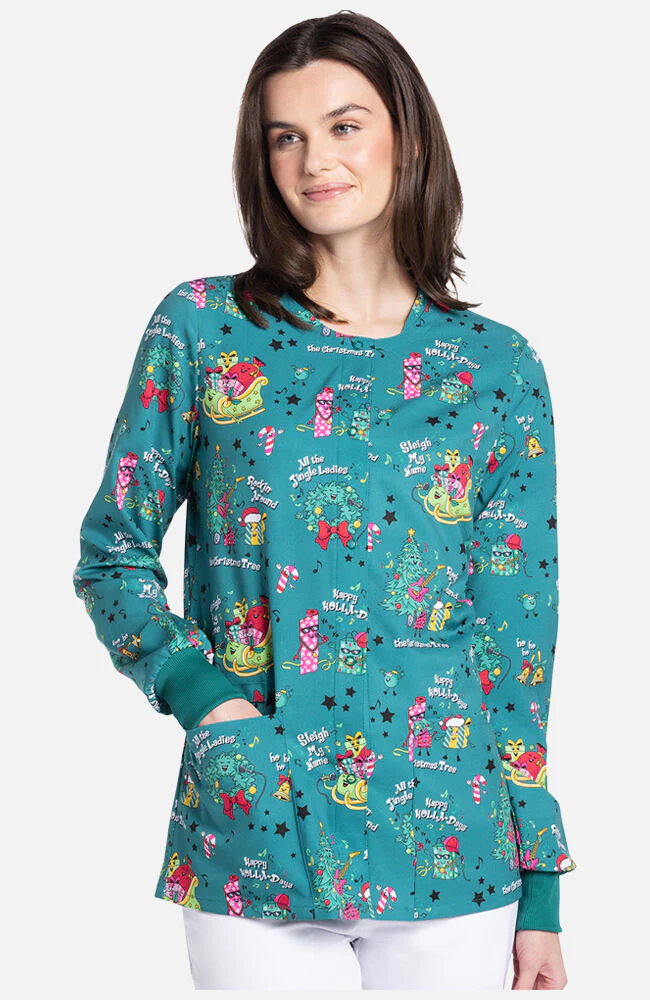 Women's Snap Front Sleigh My Name Print Scrub Jacket