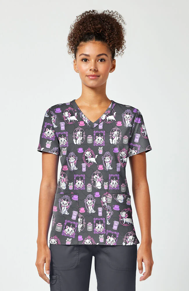 Women's Aristocats Café Cat Print Scrub Top