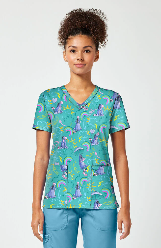 Women's Eeyore Rain Or Shine Print Scrub Top