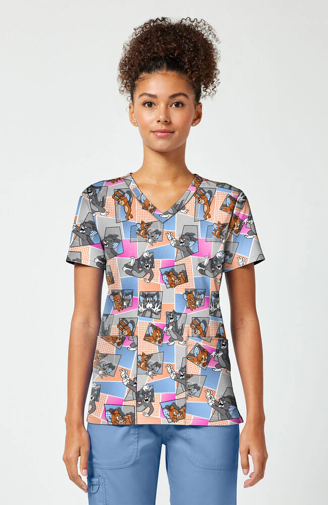 Women's Tom Cat Time Tom and Jerry Print Scrub Top