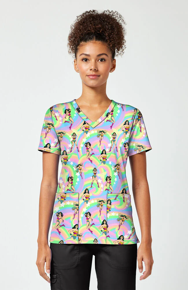 Women's Wonder Woman Realm Of Heroes Print Scrub Top