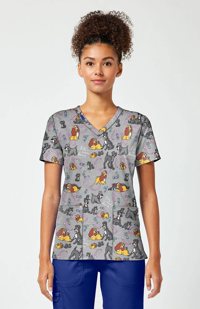 Women's Lady's Forever Home Lady and the Tramp Print Scrub Top