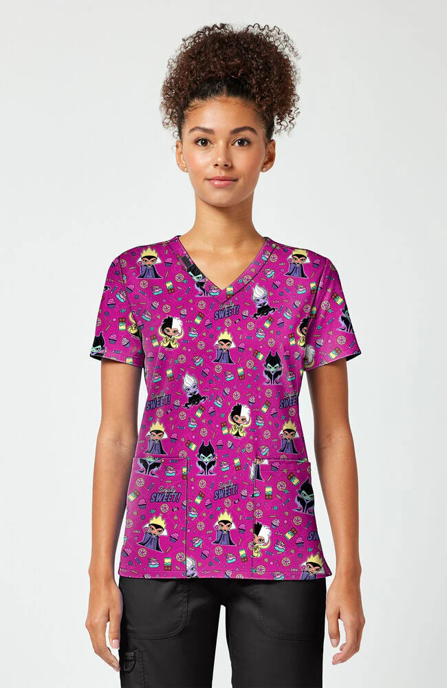Women's Sweetly Sinful Disney Villain Print Scrub Top