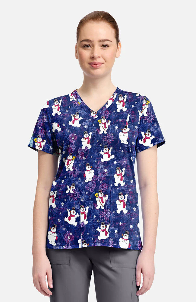 Women's Frosty Snowman Chilly Tiles Print Scrub Top