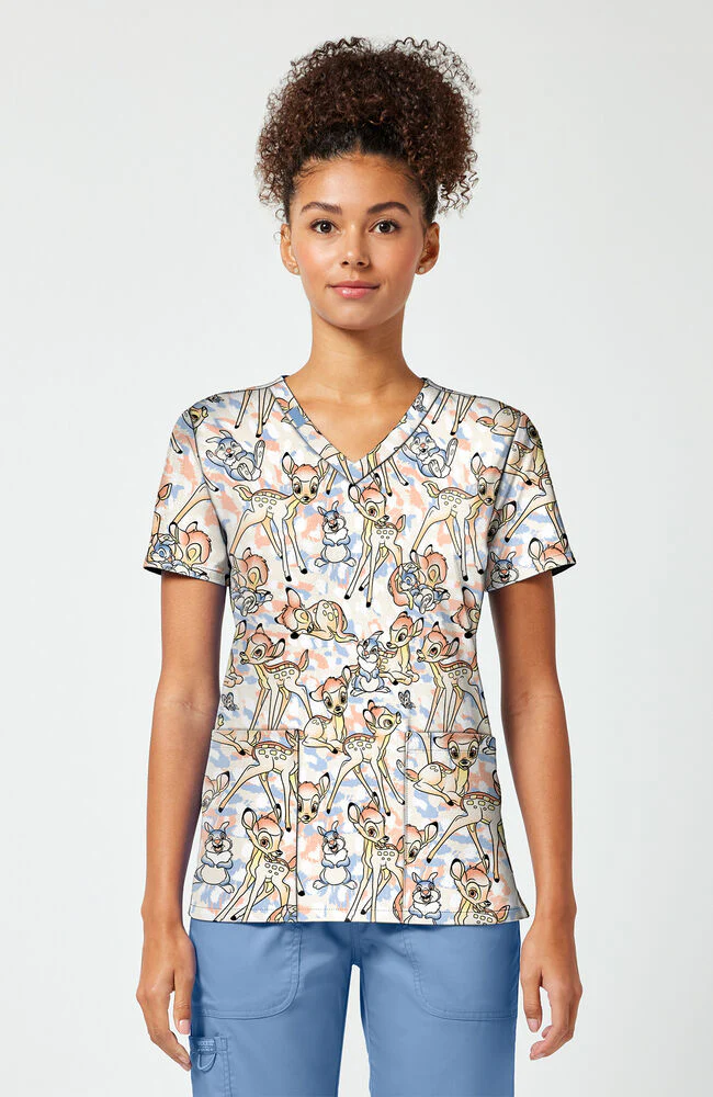 Women's Bambi Fawn Over Me Print Scrub Top