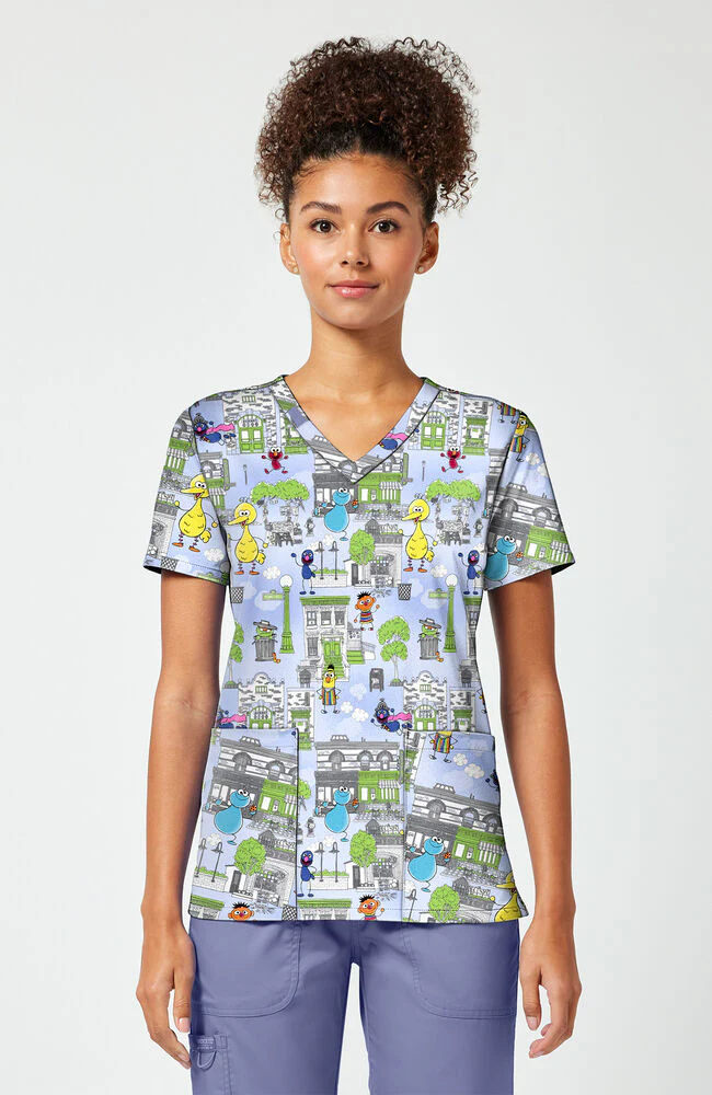 Women's Doodle Days Sesame Street Print Scrub Top