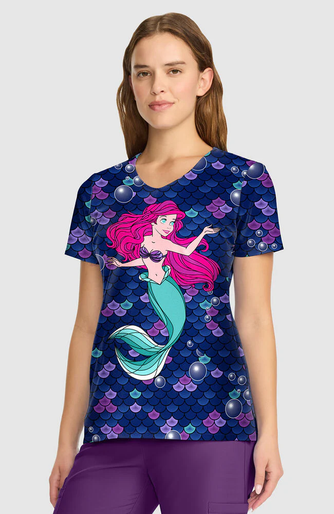 Women's Ariel Tale Of A Mermaid Print Scrub Top