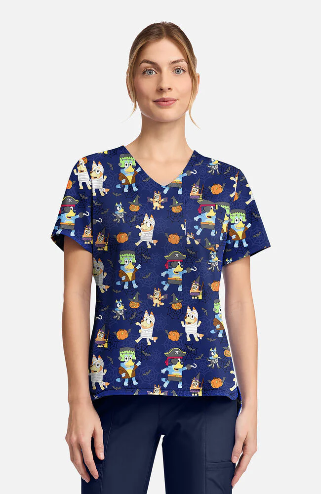 Women's Bluey Pumpkin Pups Print Scrub Top