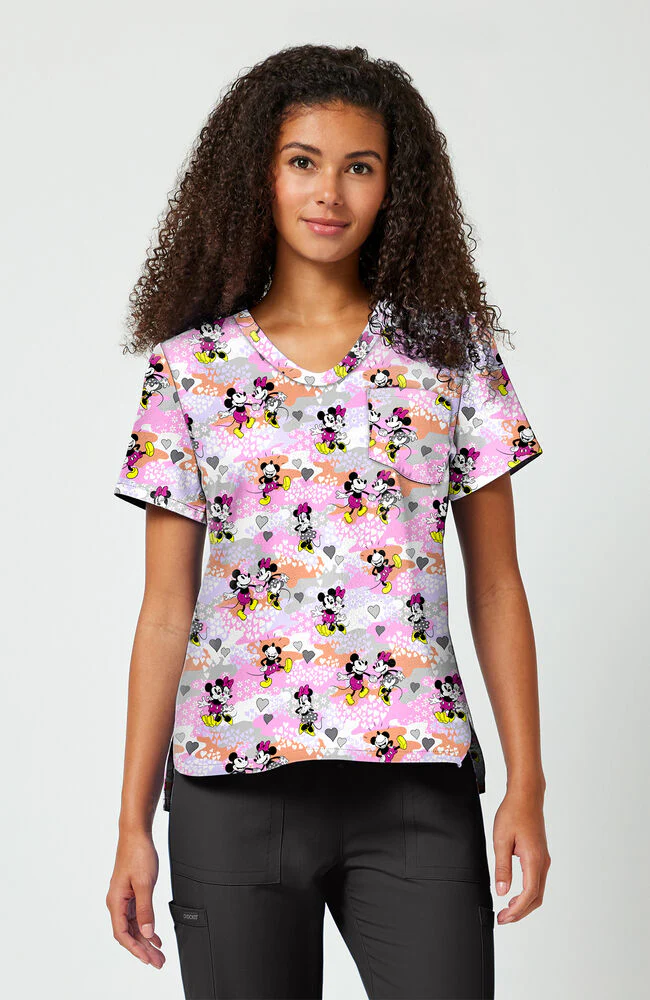 Women's Friend Frolic Mickey Minnie Print Scrub Top
