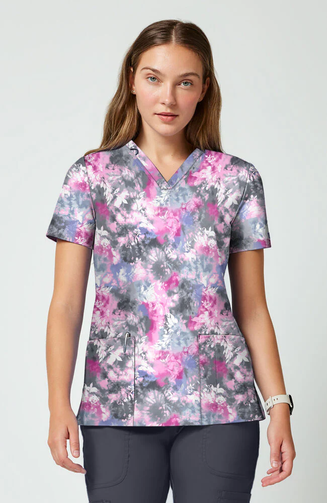 Women's 2-Pocket Tie Dye Petals Print Scrub Top