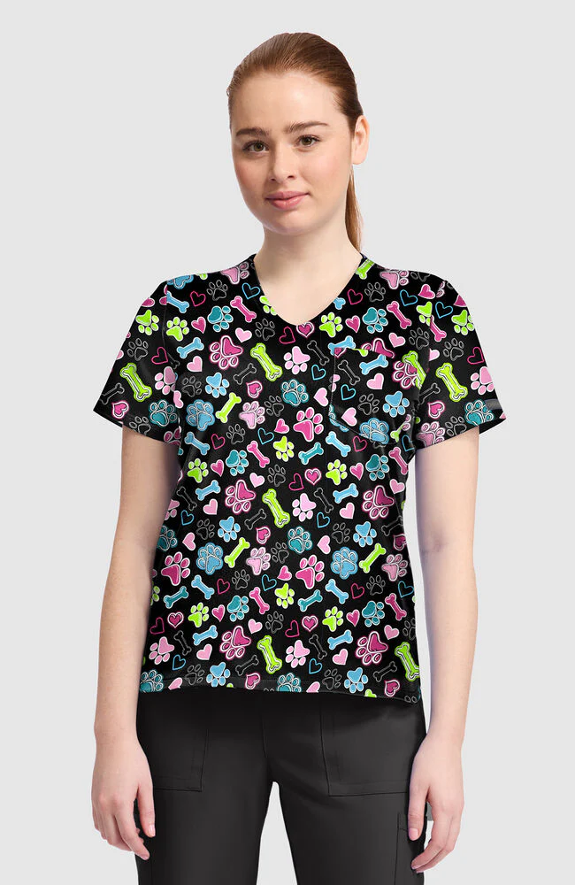 Women's Doggy Doodle Print Scrub Top