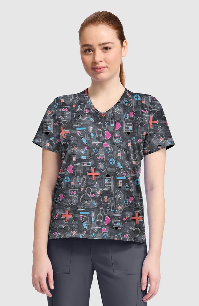 Women's Wellness Icons Print Scrub Top