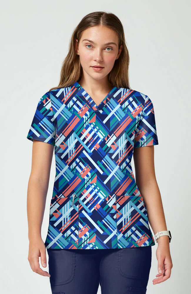 Women's 2-Pocket Bright Geo Print Scrub Top