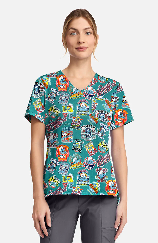Women's Collegiate Smurfs Print Scrub Top
