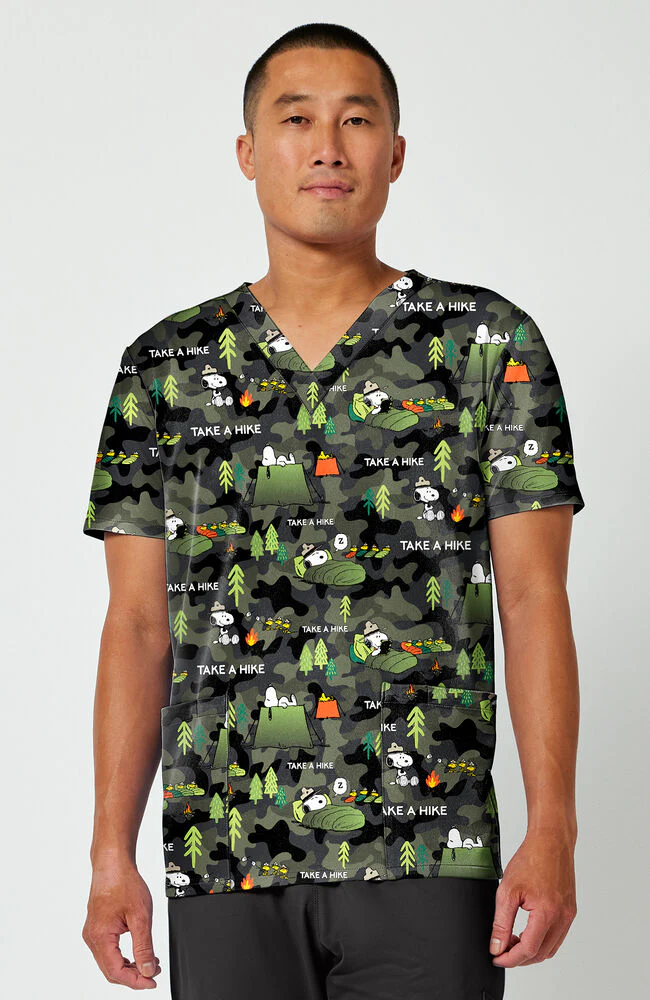 Men's Snoopy Outdoors Print Scrub Top