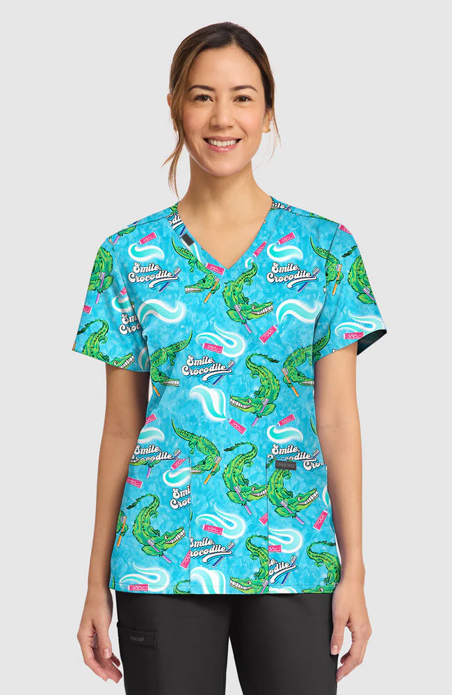 Women's Smile Crocodile Print Scrub Top