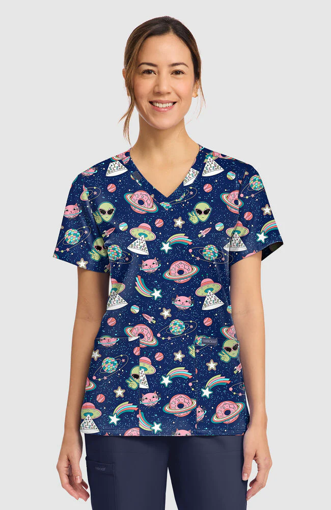 Women's Groovy Galaxy Print Scrub Top