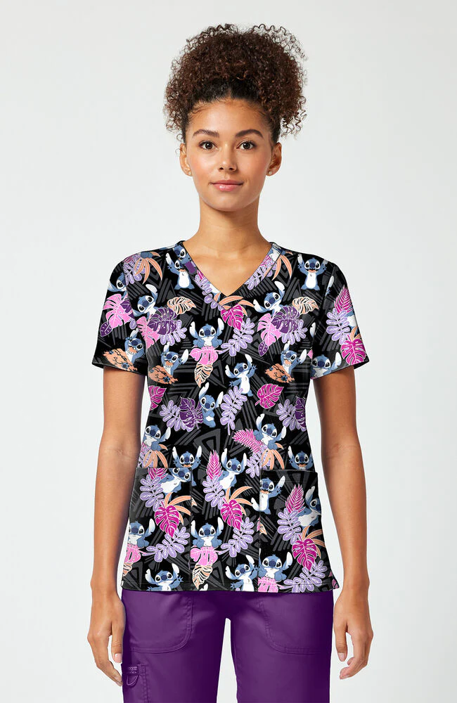 Women's Stitch Tribe Lilo And Stitch Print Scrub Top