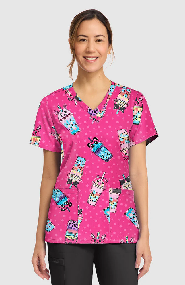 Women's Boba Party Print Scrub Top