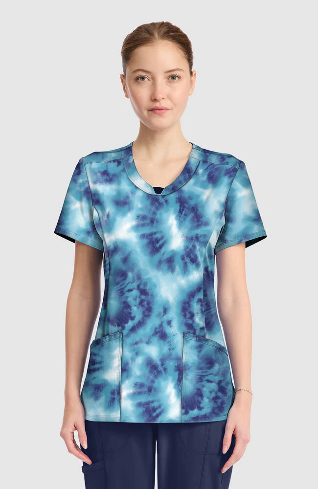 Women's Round Neck Saltwater Tie Dye Print Scrub Top