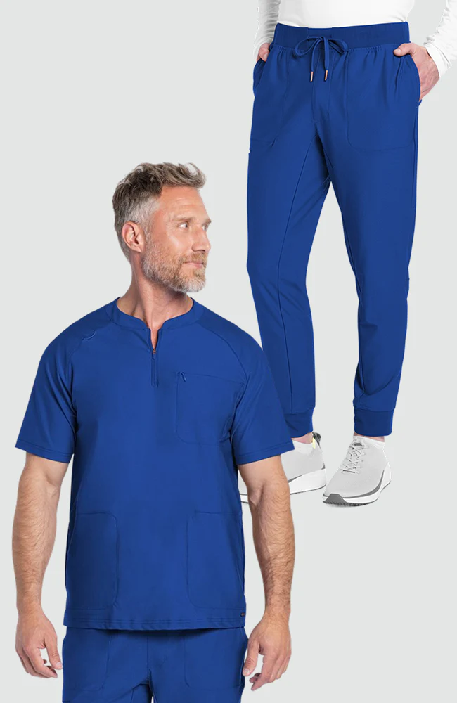 Men's Scrub Set: Quarter Zip Henley Scrub Top & Mid Rise Jogger Scrub Pant