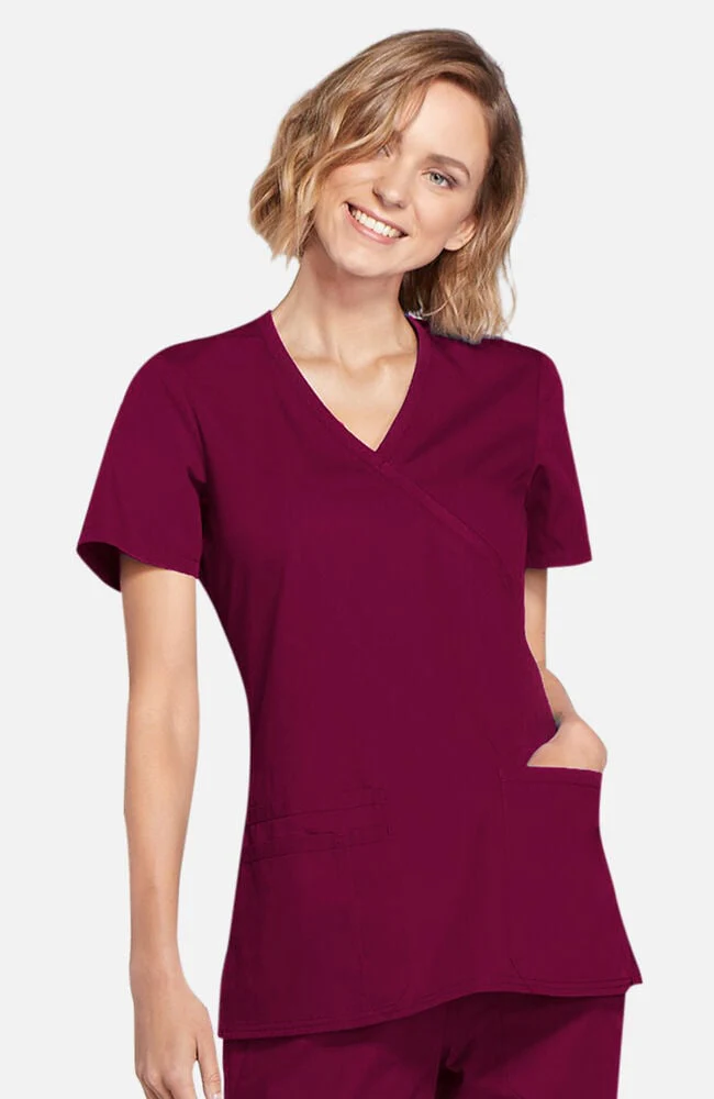 Women's Mock Wrap Knit Panel Solid Scrub Top