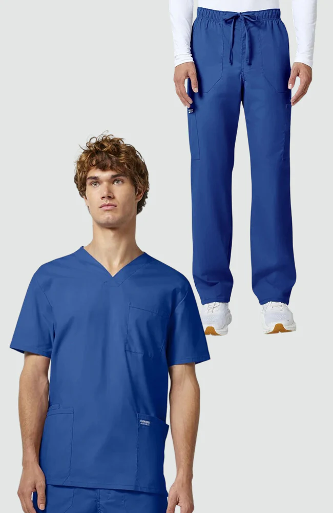 Men's Scrub Set: Utility 4-Pocket V-Neck Scrub Top & Zip Fly Drawstring Scrub Pant