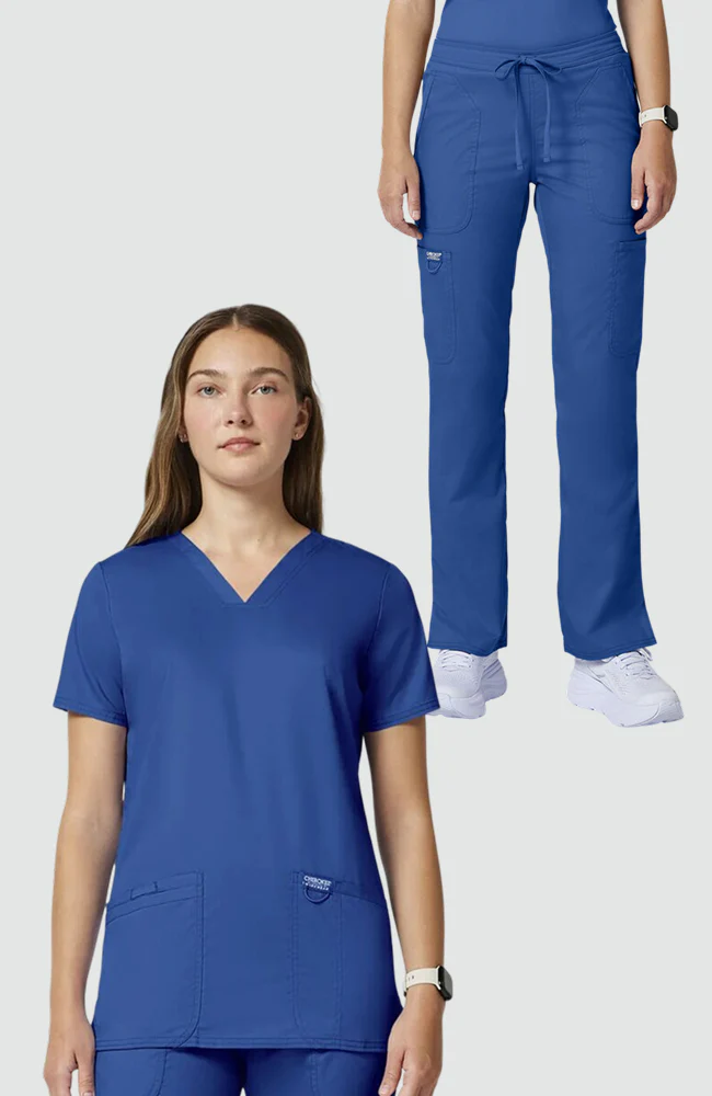 Women's Scrub Set: 3-Pocket V-Neck Stretch Scrub Top & Drawstring Flare Scrub Pant