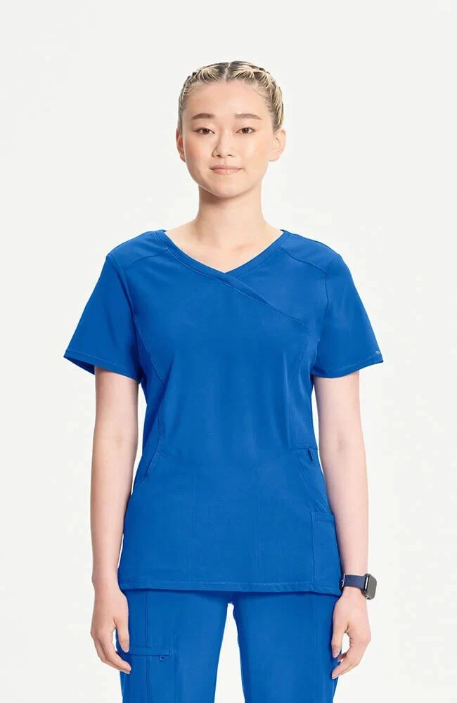 Women's Scrub Set: 4-Pocket Knit Panel Mock Wrap Scrub Top & Elastic Waistband Jogger Scrub Pant