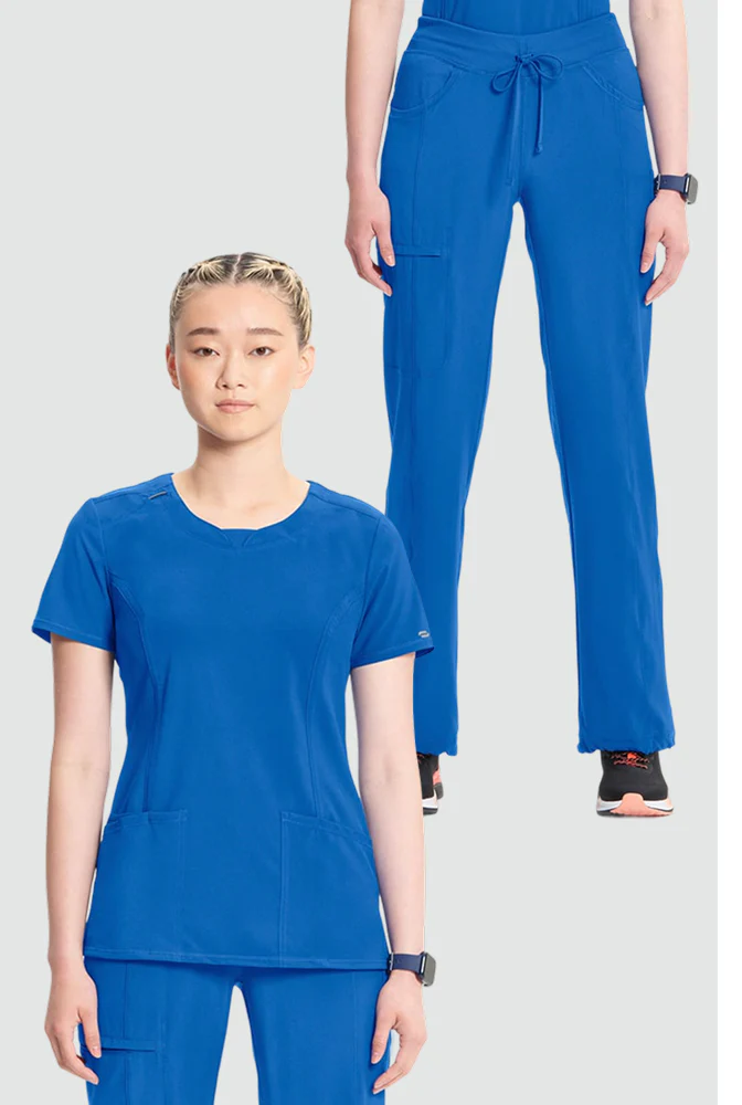 Women's Scrub Set: Split Round Neck Solid Scrub Top & Rib-Knit Drawstring Waist Scrub Pant