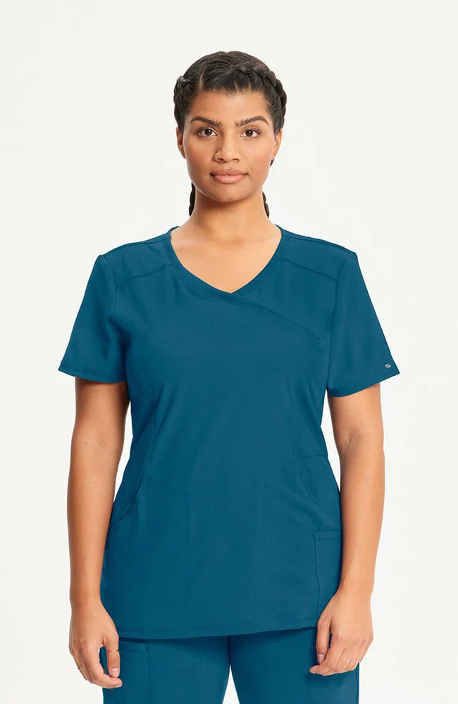 Women's 4-Pocket Knit Panel Mock Wrap Scrub Top